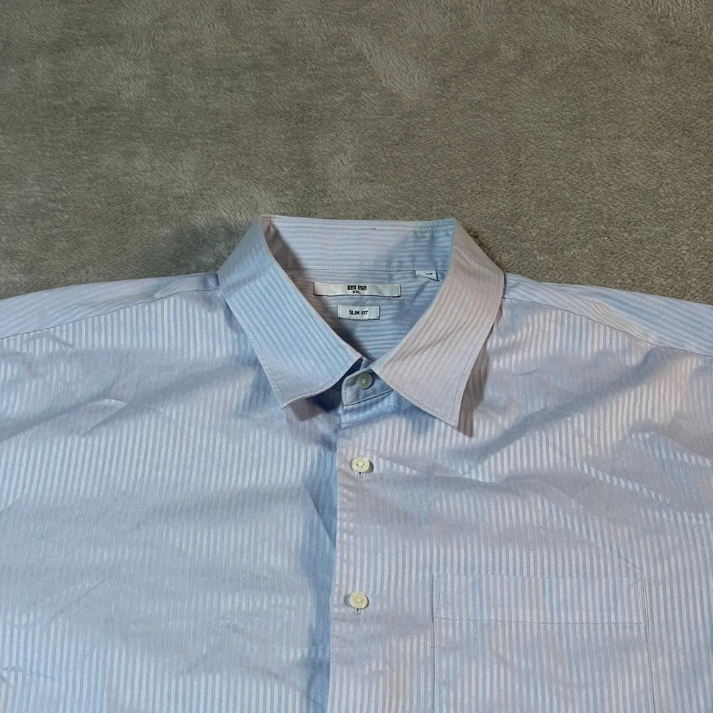 Uniqlo Slim Fit Shirt Men's XXL Blue Striped Short Sleeve‎ Button Up Lightweight